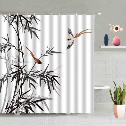 Ink Painting Bamboo Shower Curtains Chinese Style Leaves Birds Mountain Simple Bathtub Decoration Screen Washable With Hooks
