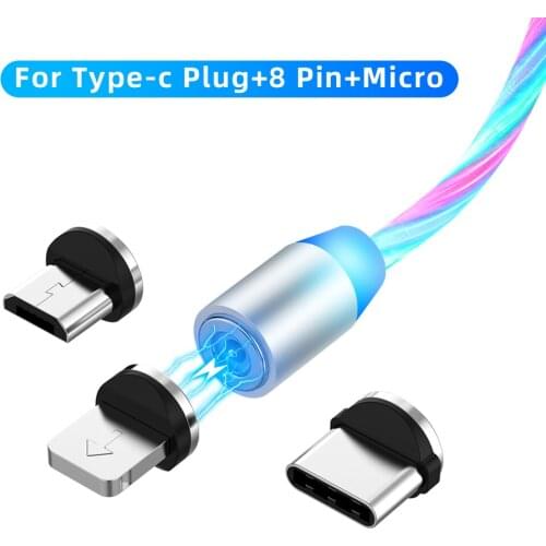 Type C Cable Fast Charger LED Flowing Light Magnetic Micro USB Streamer Charging Line 2A Magnet Chargers Cord for Samsung S20