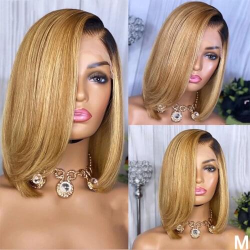 Short Cut Bob Ombre Honey Blonde Highlight Human Hair Remy Lace Front Wigs For Women With Baby Hair Preplucked Silky Straight