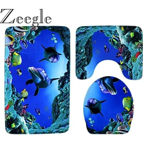 3D Sea World Printed Dolphin Bath Mat Bathroom Floor Carpet Toilet Carpet Absorbent Bathroom Foot Mat Non-Slip Shower Floor Rug