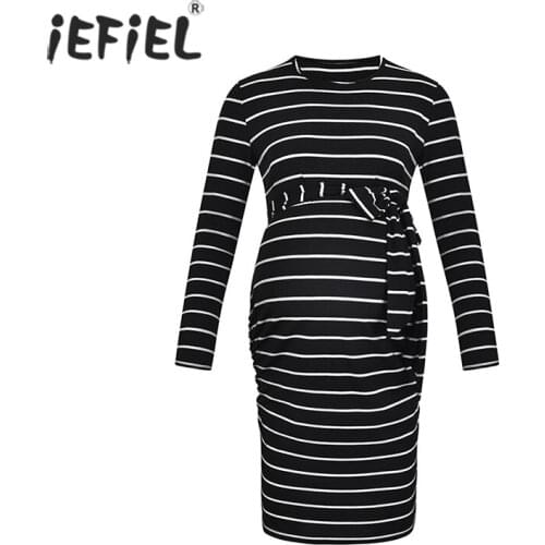 Pregnancy Autumn Dresses Pregnant Women Long Sleeve Bodycon Casual Stripe Dress Mother Home Clothes Maternity Dress Waistband