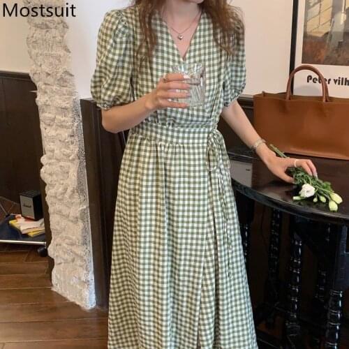 Korean Vintage Plaid Women Long Dress Puff Sleeve V-neck Lace-up Belted A-line Dresses Elegant Fashion Ladies Vestidos Femme