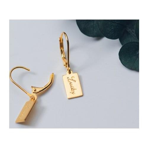 Authentic Real 100% 925 Sterling Silver Jewelry letters engraved Square Geometric Hoop Huggie Earrings C-E8934