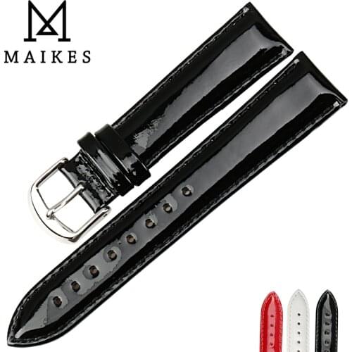 MAIKES Black Patent Genuine Leather Watch Strap Stainless Steel 18mm 20mm Bright Watch Band Accessories Bracelets Watchbands