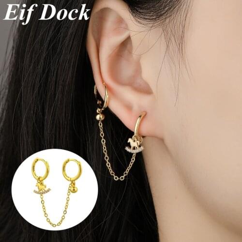 Eif Dock Two Ear Hole Piercing Hoop Earrings Chain Tassel Trojan Horse Crystal Simple Bohemia Earring Jewelry For Lady Girls