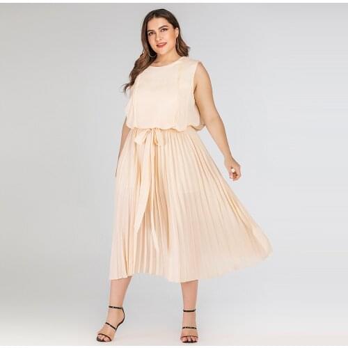 Sleeveless Elastic High Waist Pleated Chiffon Dress S To 4XL Plus Size Long Dresses for Women TJR200