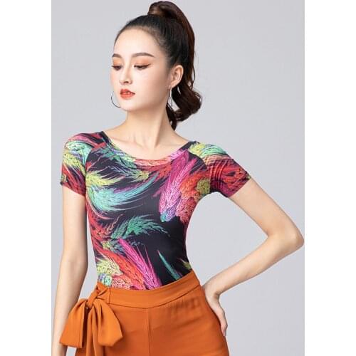 Ballroom Dance Printing Tops Sexy Gauze Long Sleeve Dance Clothes Women Latin Salsa Chacha Dance Performance Practice Costumes
