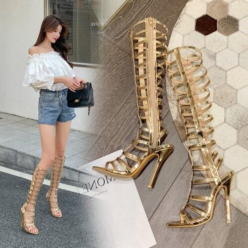 Woman Rome Sandal Boots Snake pattern gold Lady Knee High Boots Thin High Heels Stiletto Crystal Dress Summer Shoes Sandalias