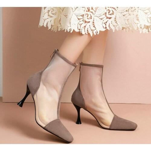 2021 Faux Suede Summer Women Ankle Boots Fashion Square Toe Thin High Heel Women Short Boots Mesh Womens Shoes Plus Size 34-43