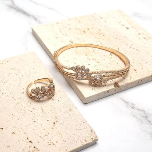 TIRIM Flower Bangle CZ Cubic Zircon Crystal Women Bracelet Ring Evening Cocktail Jewelry Party Dubai Indian Wedding Bridal set