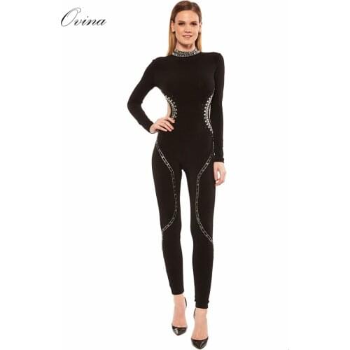 Ovina Round Neck Long Sleeve Beaded Hollow Out Bandage Women Jumpsuit