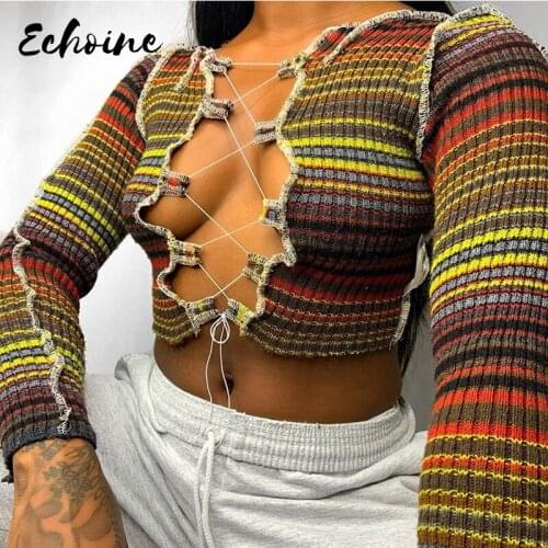 2020 New Fashion Autumn Long Sleeve Striped Color Block Knit Crop Top T Shirts Sexy Hollow Out Lace Up Bandage Night Club Tops