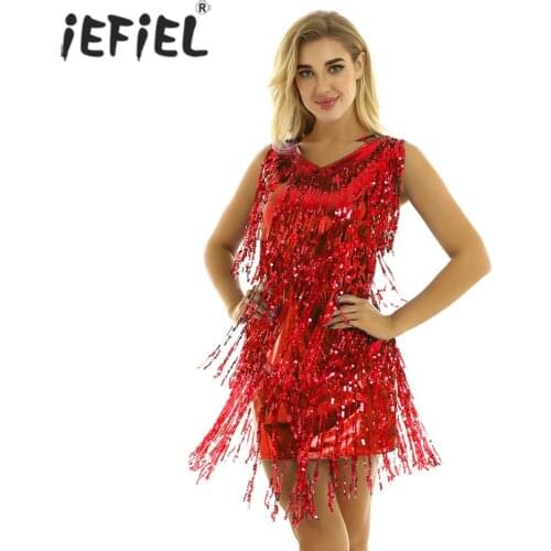 Women Ladies Latin Dancwear NightClub Lyrical Dance Costumes Sequin Tassels Ballroom Samba Tango Latin Performance Dancing Dress