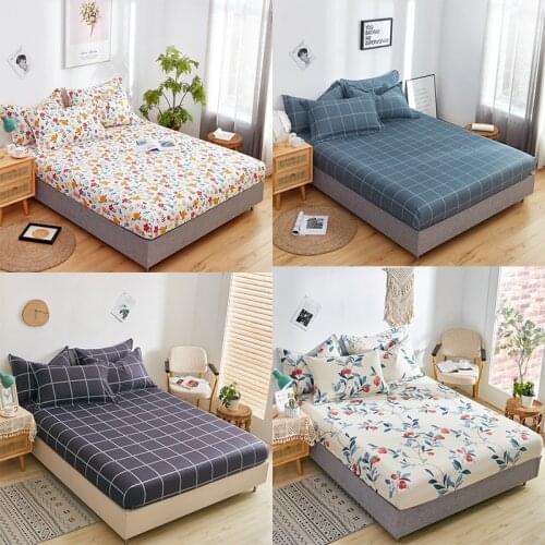 1 Pc 100% Fitted Sheet Floral All-inclusive Mattress Cover Sheet Plaid Four Corners With Elastic Band Bed Sheets For Double Bed