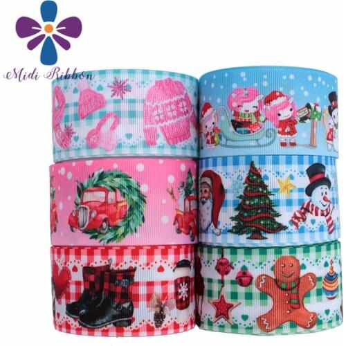 16mm-75mm Merry Christmas Santa Claus Pink Car Check Printed Grosgrain/Foe Ribbon Snow Green Tree DIY Hair Bows 50yards/roll