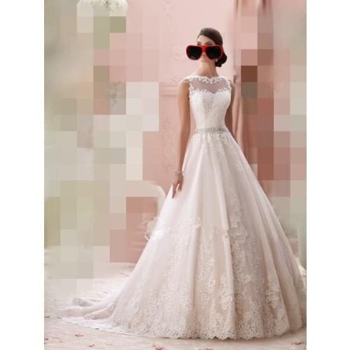 2019 custom Spring Stylish Sheer Neckline Lace Illusion Beaded Sexy Back A-line Bridal Wedding Dresses Vestido De Noiva Tulle