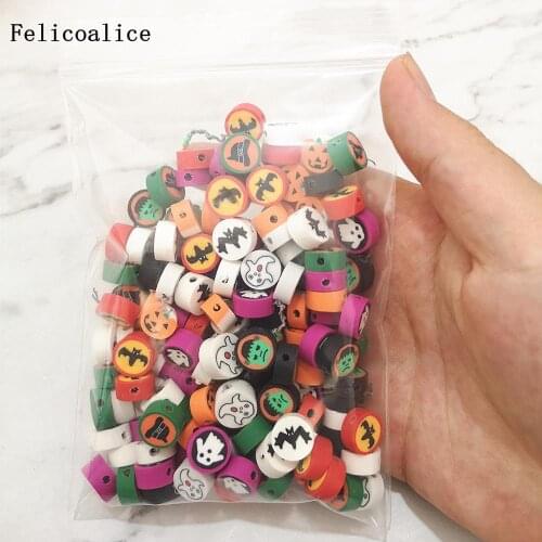 100pcs 10mm Cartoon Halloween Pumpkin/Ghost/Bat Spacer Beads Polymer Clay Beads For Jewelry Making DIY Handmade Jewelry Crafts