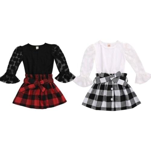 Kids Baby Girl Mesh Long Sleeve Shirt + Plaid Skirt, Mesh Stitching Decoration Flared Sleeves Spring Autumn Clothing
