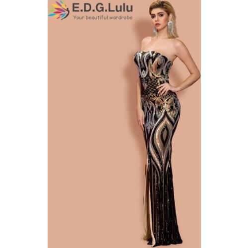 EDGLuLu Sleeveless Backless Geometry High Split Dress Women Long Sexy Sequins 2021 Elegant Party Mermaid Dress Evening Robe 0628