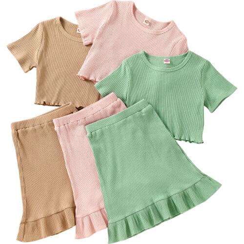 FOCUSNORM 2-7Y Summer Fashion Kids Girls Clothes Sets Solid Pullover T Shirts Ruffles A-Line Skirts 3 Colors