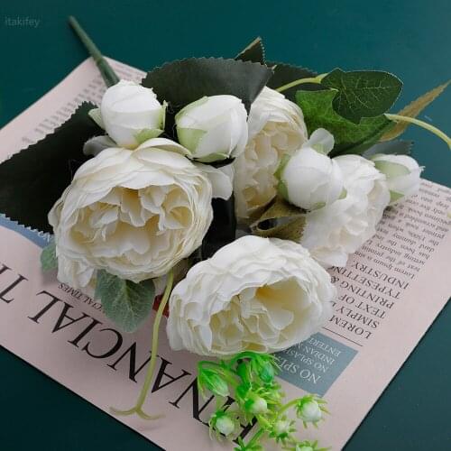 White Rose Artificial Silk 32cm Flower Head Home Spring Rose Decoration Wreath Scrapbook Birthday Decoration Fake Rose Flowers