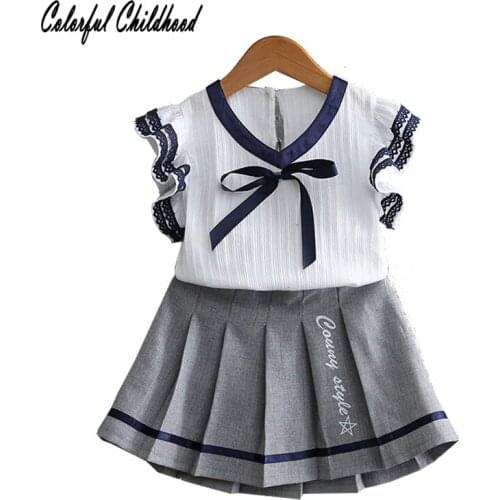 England style Girls Clothing Sets cotton Girls Clothes Butterfly Sleeve bow shirt+pleated Skirts suit for children clothes 2-7Yr
