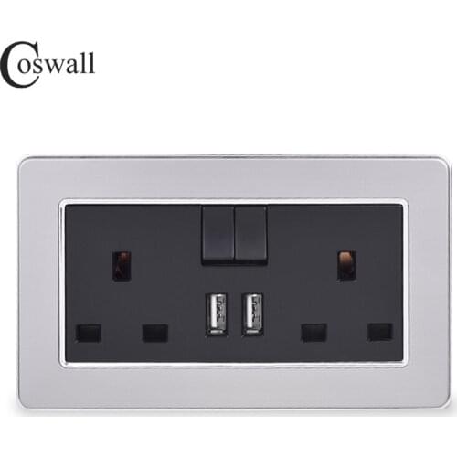 COSWALL 2 Gang 13A UK Standard Switched Socket dual USB Charge Port Output 2.1A Wall Outlet Stainless Steel Brushed Panel