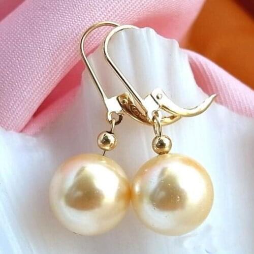 New Favorite Pearl Gold Dangle Earring 12mm Gold Round Sea Shell Pearl Earring Charming Wedding Birthday Party Lady Gift