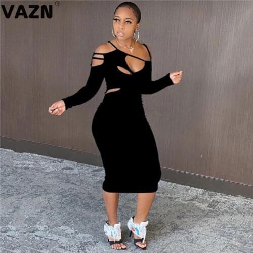 VAZN 2020 New Arrival Hollow Out Solid Sexy Club Elegant Open Style Off Shoulder Full Sleeve High Waist Women Thin Midi Dress