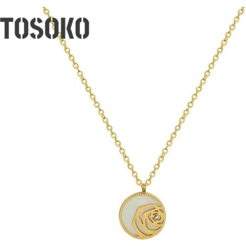 TOSOKO Stainless Steel Jewelry White Sea Shell Rose Zircon Necklace Elegant Female Clavicle Chain BSP1081