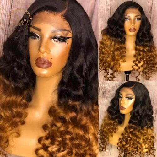Ombre Lace Frontal Wigs 1B Brown Curly 13X4 Lace Front Wig 180% Density Brazilian Remy Colored Human Hair Wigs Closure Wigs