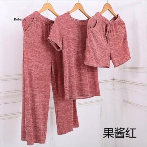 Elastic Spandex Pajamas Set Women Big Size Casual Pyjama Female Summer Cool Cotton Sleepwear Long Pants Shirt Shorts Homewear