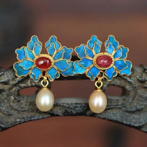 Original designer craft Cloisonne gilt silk Ruby Pearl Earrings Chinese style retro palace unique charm womens silver jewelry