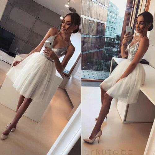 Fashion Womens Ladies Loose Sexy Sequin V neck Bridesmaids Dress Cocktail Party A Line Dress White Sundress
