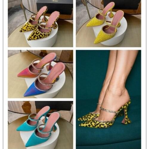 Spring/Summer 2021 Pointed Toe High Heel Sandals with Rhinestones and Leopard Print Baotou Womens Slippers