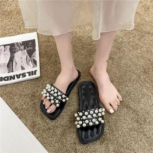 Women Flat Bohemian Transparent Flat Bottom Pearl Versatile Crystal Sandals New Women Sandals Soft Stitching Ladies Sandals