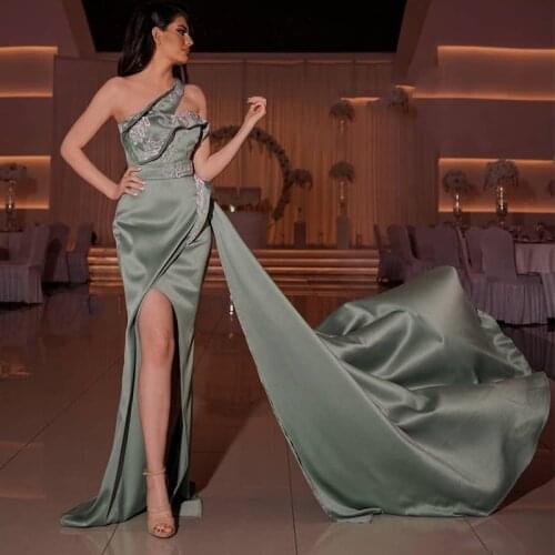 Sevintage Sexy One Shoulder Front Slit Evening Dresses Sequined Lace Satin Prom Gowns with Train Asymmetrical Women Abendkleider