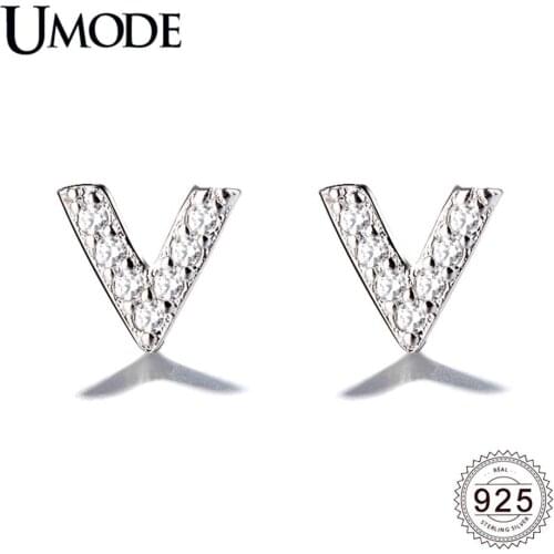UMODE New 925 Sterling Silver Zircon V Shape Letters Stud Earrings for Women CZ Party Jewelry Gift Brincos Bijoux ALE0600