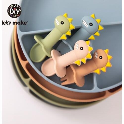 Lets Make Silicone Dinosaur Fork Spoon Baby Tableware BPA Free Food Grade For Eat Training Baby Products Safe Feeding