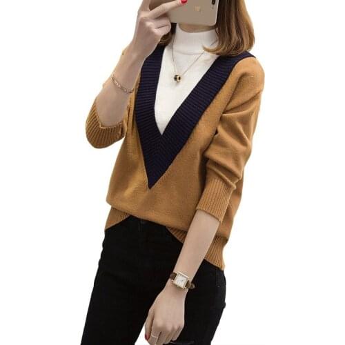 Fake Two Sweater Sweater Wild Korean 2019 Autumn And Winter Womens Bottoming Shirt Half High Collar V Word Fashion Loose