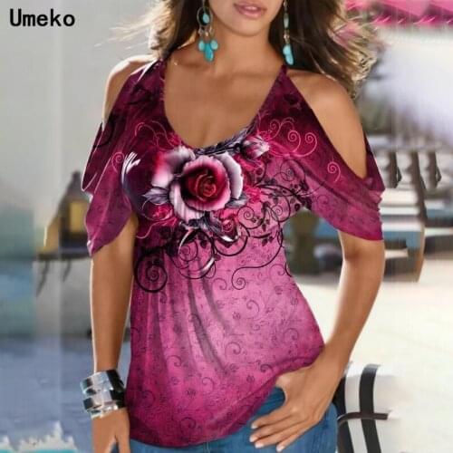 Umeko 2021 New Womens Tops Summer Floral Printing T Shirt Short Sleeve Strappy Cold Shoulder Hollow T-Shirt Camisetas De Mujer