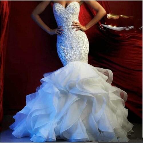 Gorgeous Mermaid Wedding Dresses Beading Crystal Appliqued Sweetheart Tiered Skirts Bridal Gowns Custom Made Mariée