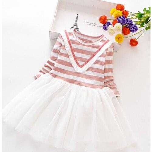 Spring Kids Girls Stripe Mesh Dress Long Sleeve Patchwork Elastic Clothes 1-9T Kniting Pink Black Costume
