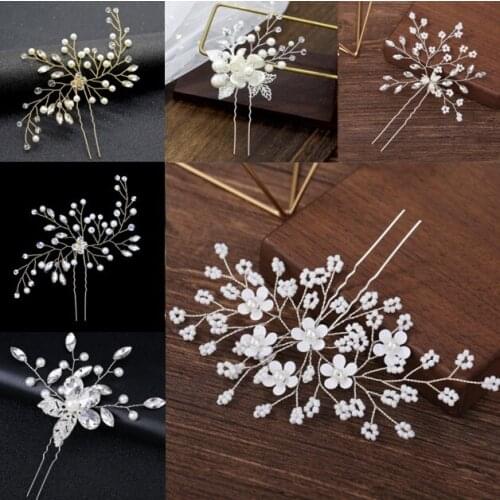 Pearl Tiara Hairpin Clip Crystal Rhinestone Hair Jewelry For Women Flower Handmade Headband Wedding Bridal Prom Hair Accessories