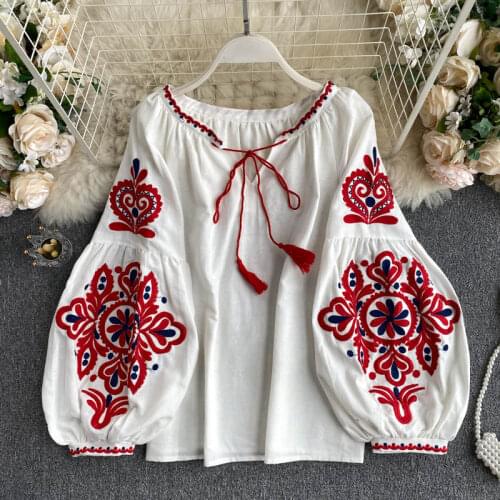 Women Retro National Style Embroidered Lace-Up Tassel V-Neck Lantern Sleeve Tops Loose All-Match Female Blouse