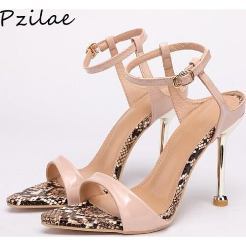 Pzilae Ankle Strap Women Sandals Summer Fashion Sanke Print High Heels Gladiator Sandal Shoes Peep Toe Party Dress Pump Shoes
