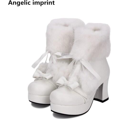 Angelic imprint mori girl Women motorcycle shoes lady high heels lolita ankle boots woman princess dress pumps flock inside 47