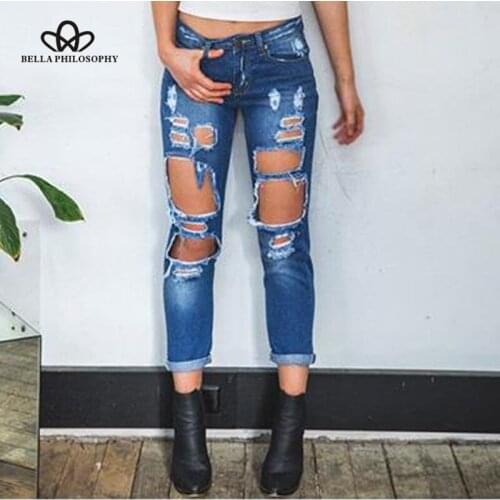 Bella Philosophy 2018 Boyfriend holes ripped jeans women pants Cool denim vintage jeans Mid waist casual pants female
