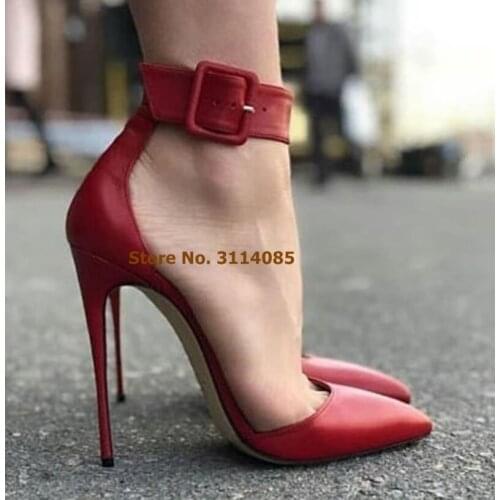 Women Sexy Red Matte Leather Pointed Toe Pumps Stiletto Heels Square Buckle Shoes Sexy Concise Banquet Shoes Dress Pumps Sale