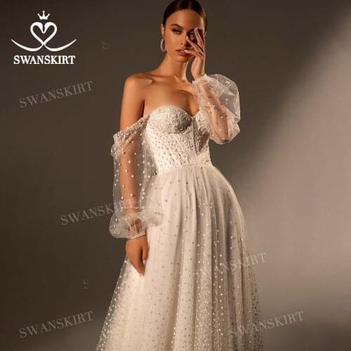 Romantic Wedding Dress 2021 Beaded Puff Sleeve A-Line Court Train Bridal Gown Princess SwanSarah W106 Plus Size Vestido De Novia